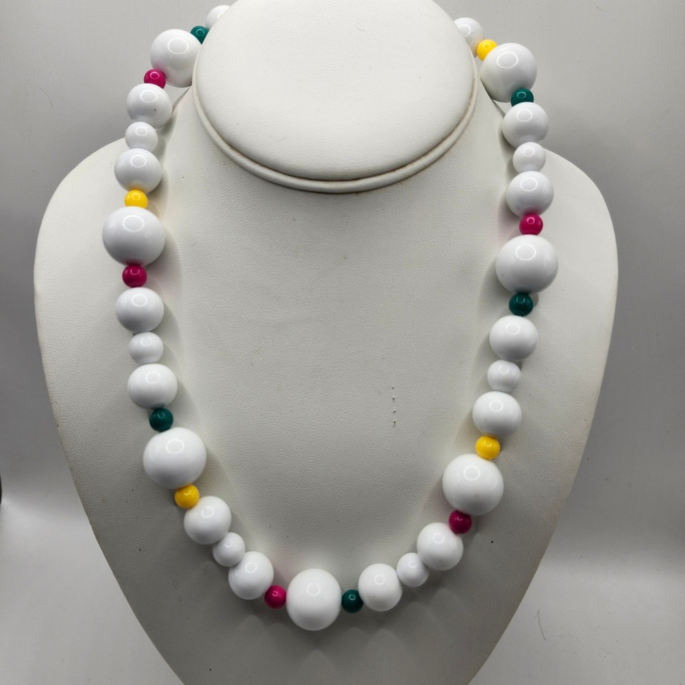 Vintage Multi Color Beaded Necklace White Pink Yellow Green Gold Tone Clasp Avon